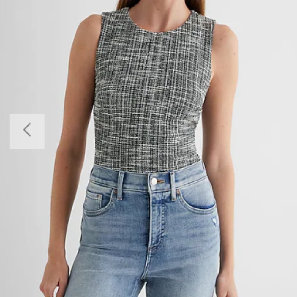 Express Body Contour Tweed Crew Neck Bodysuit, XS